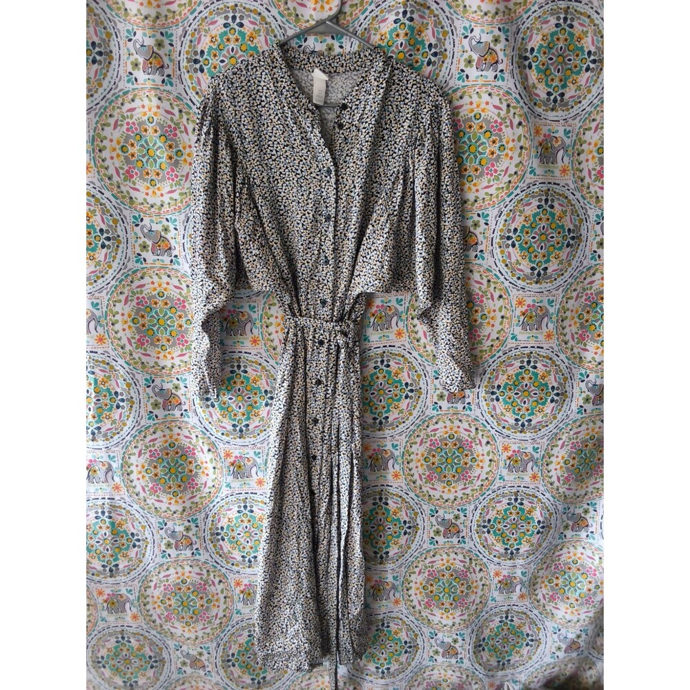 H&M Midi Dress Women's Size M MEDIUM Blue Yellow Print Office Casual